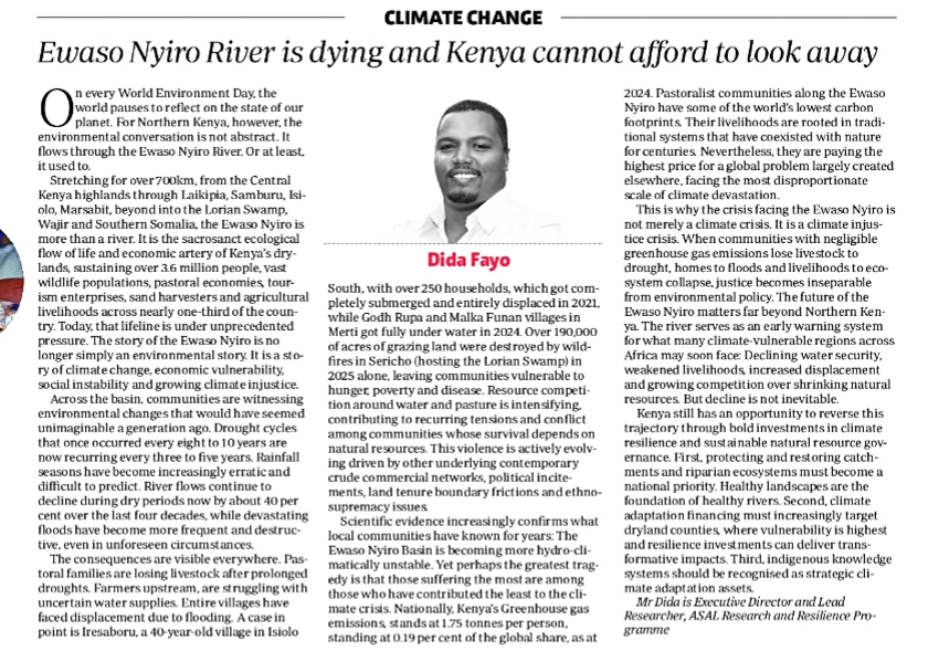 Newspaper clipping of the op-ed by Dida Fayo, Executive Director and Lead Researcher of ASREP Africa, titled 'Ewaso Nyiro River is dying and Kenya cannot afford to look away', published in a Kenyan daily's climate change section